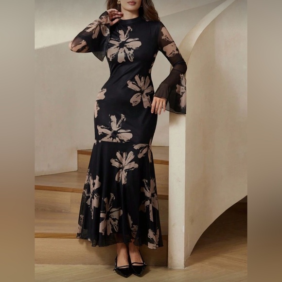 Black mesh floral dress with beige flowers long sleeve maxi women’s SML NWOT - Picture 13 of 13